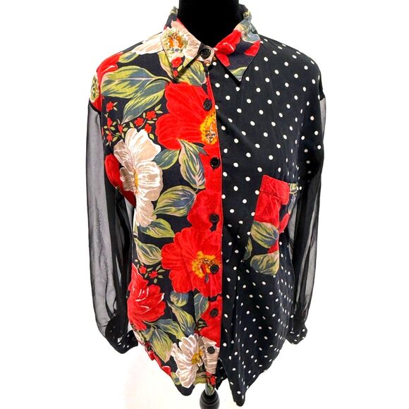 Jessica vintage 90s y2k mixed print sheer long sleeve button down - Picture 1 of 7